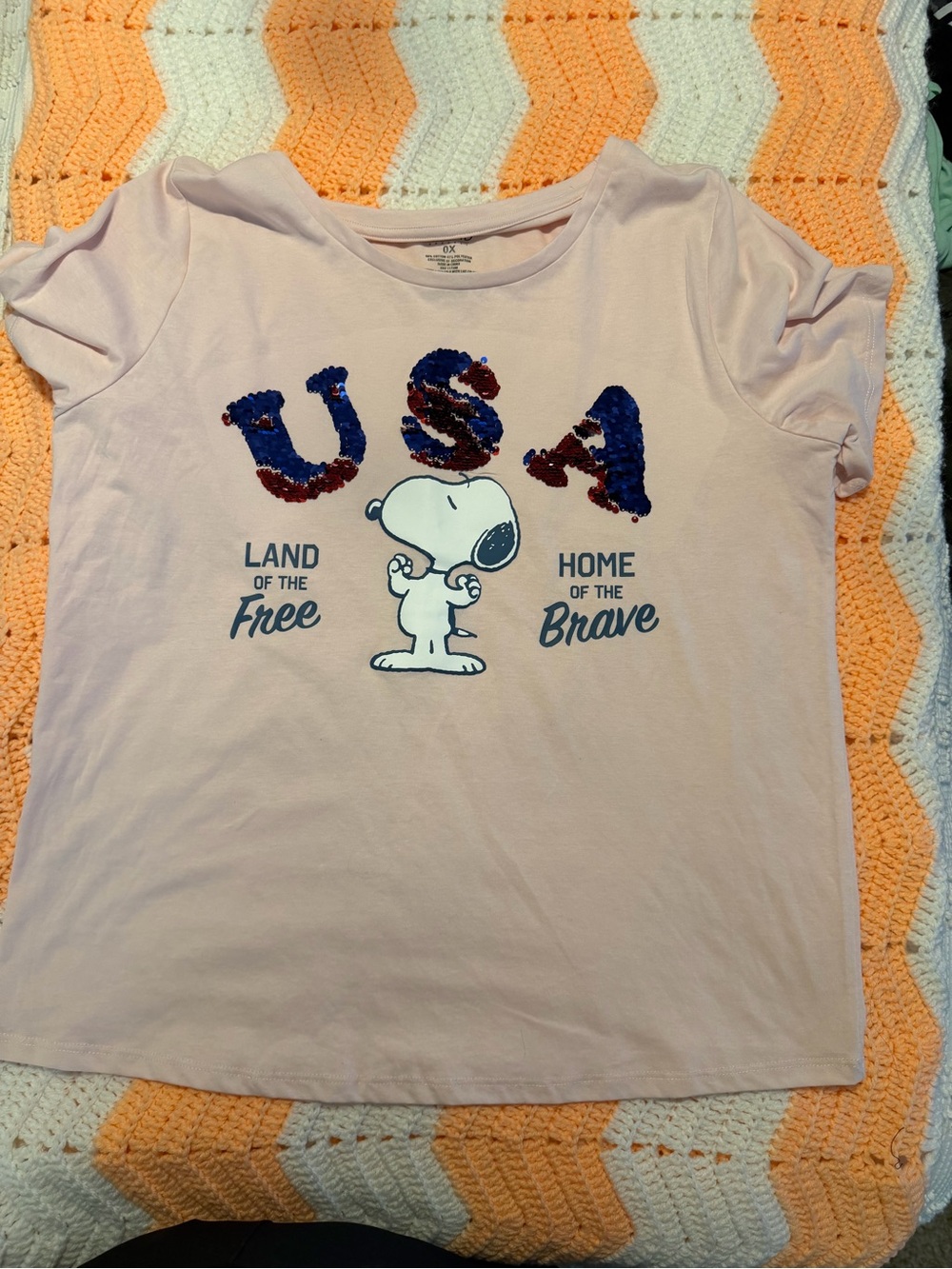 Peanuts Pink Womens Tee with Snoopy and Sequin USA